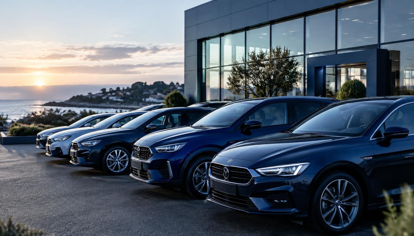 Véhicules d'occasion alignés devant les locaux d'EM Automobile